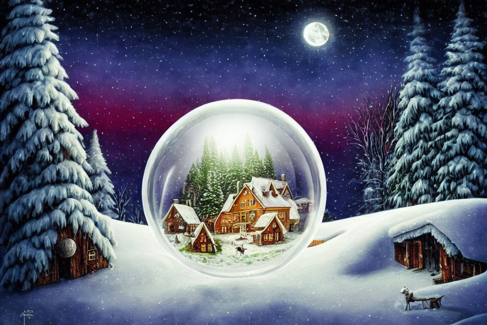 Snow-covered village in transparent sphere with night sky