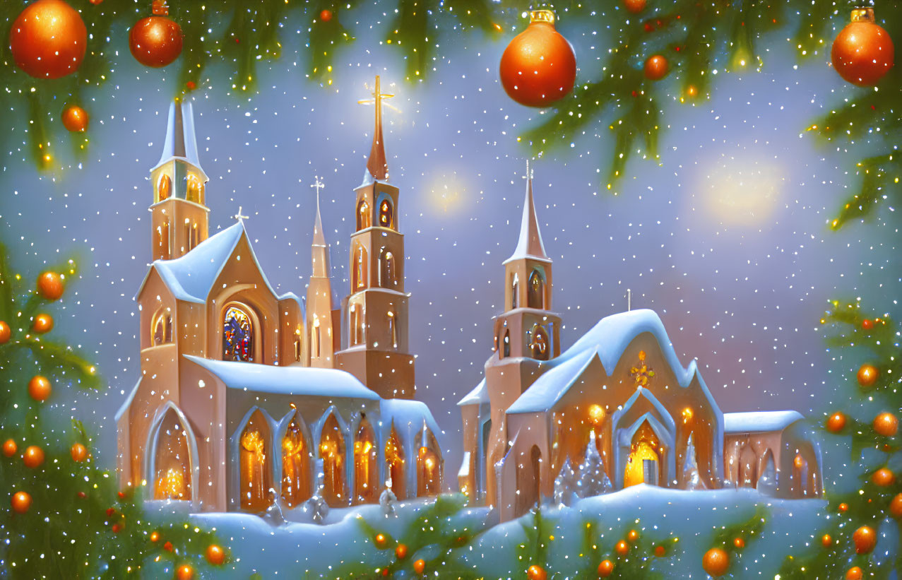 Snow-covered church with twin spires and Christmas decorations under starry night sky