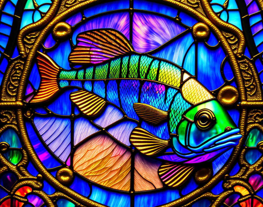 Colorful Fish in Vibrant Stained Glass Window