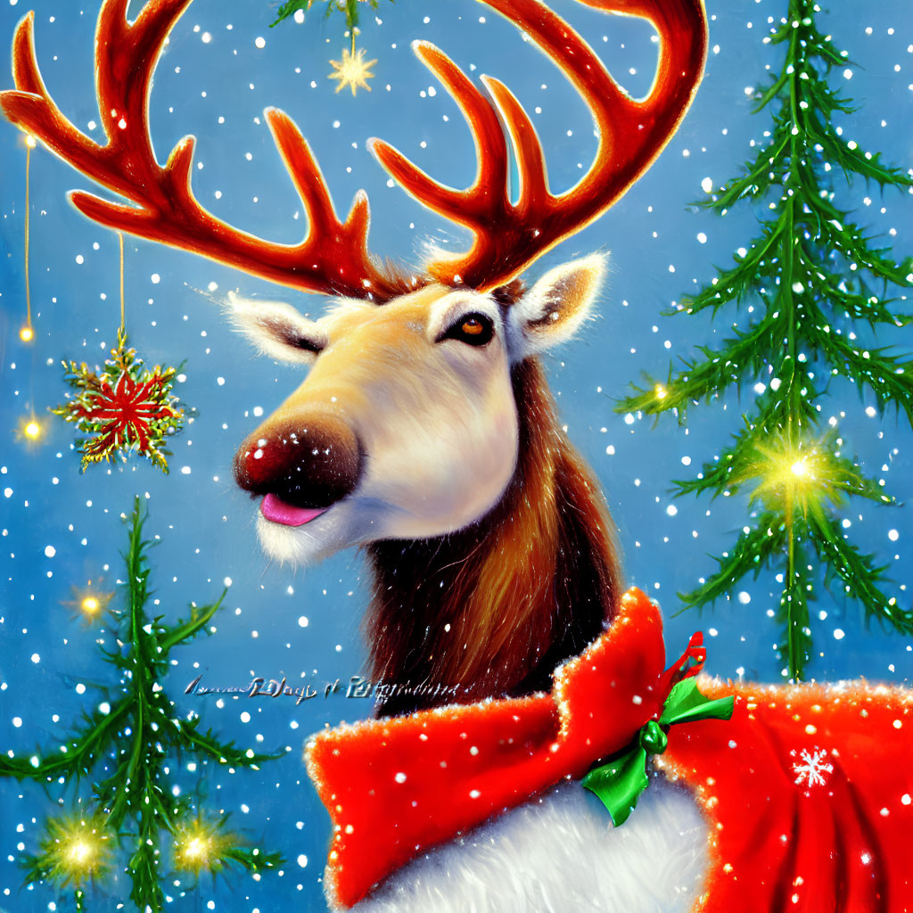 Festive red-nosed reindeer in snowfall among evergreens