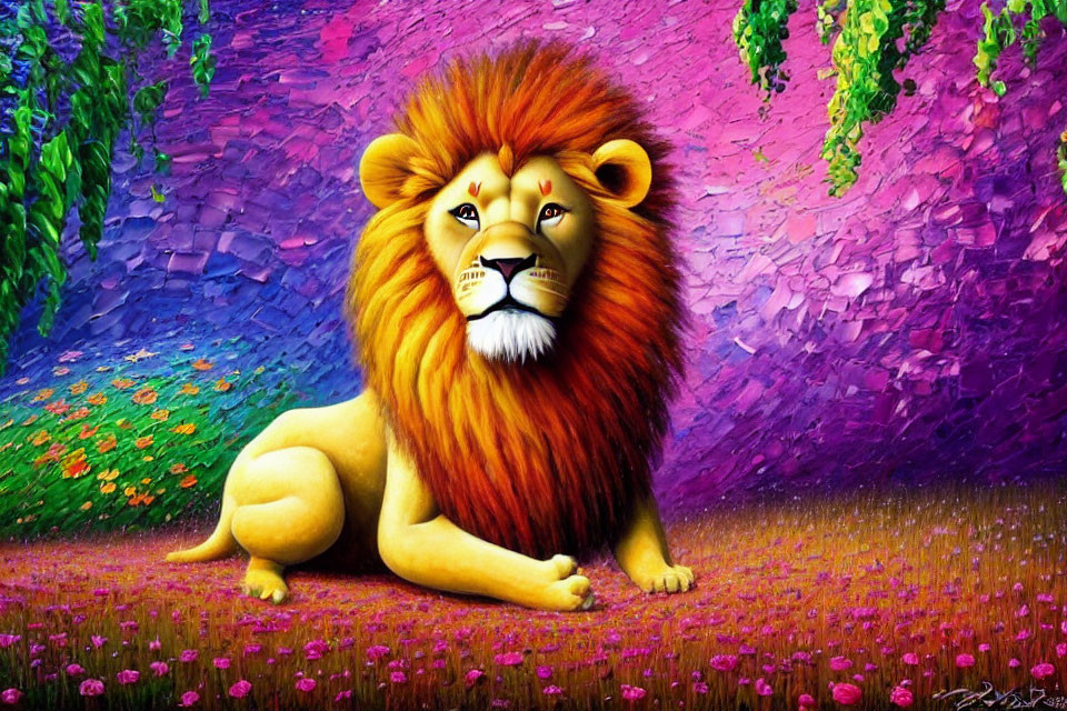 Majestic lion in colorful floral landscape