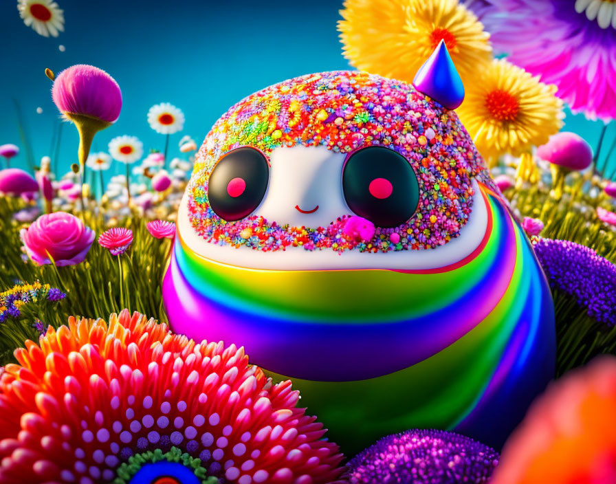 Colorful Cute Bee-Like Creature Among Vibrant Flowers