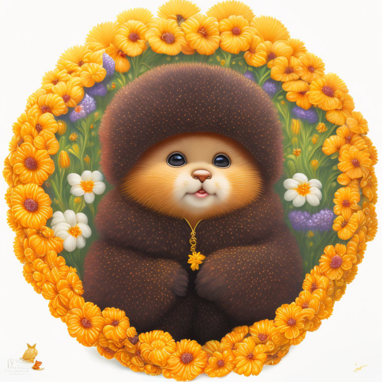 Fluffy Animal Surrounded by Vibrant Floral Oval Frame