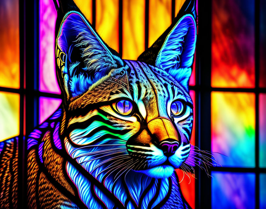 Colorful digital artwork: Cat with neon outlines against stained glass window