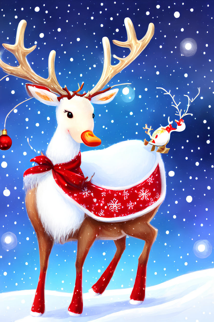 Illustration of festive reindeer with red nose, adorned antlers, scarf, and bird in snowy