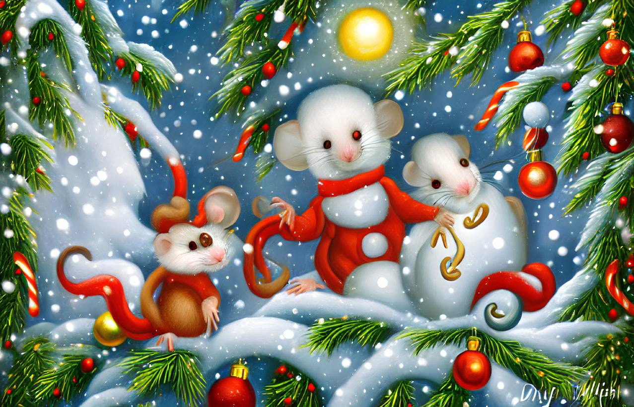 Three Cartoon Mice in Festive Attire Playing with Ornaments