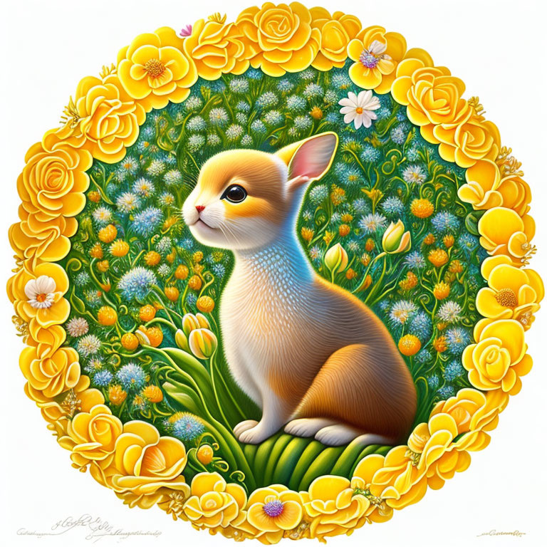 Illustrated rabbit in circular floral border with yellow and orange flowers and greenery