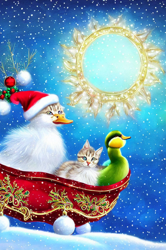 Holiday-themed illustration featuring duck, kitten, and duckling in sleigh amidst snowy scene