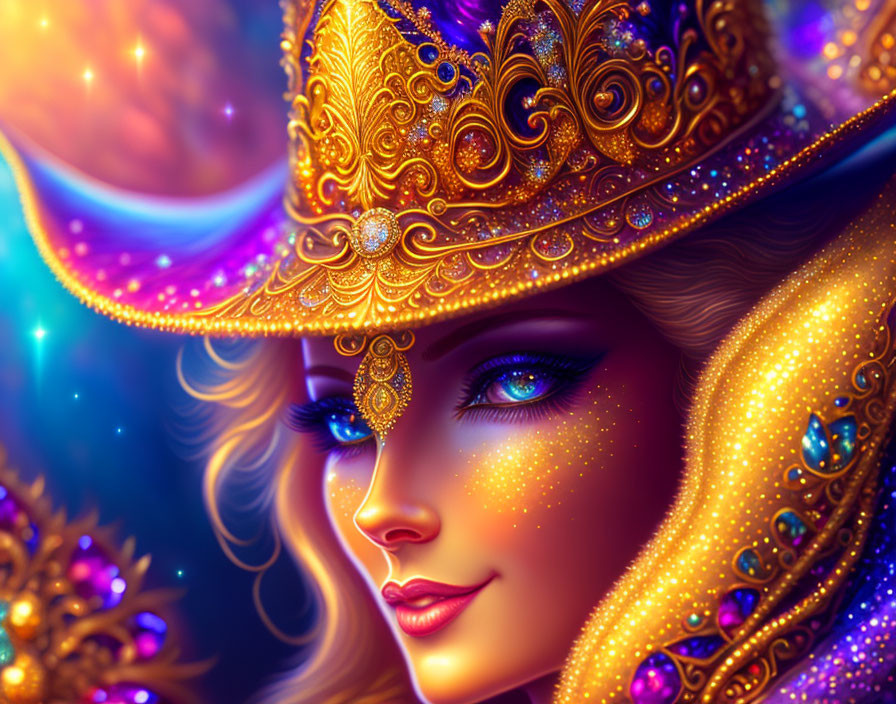 Woman in Golden Gem-Encrusted Robe with Blue Eyes