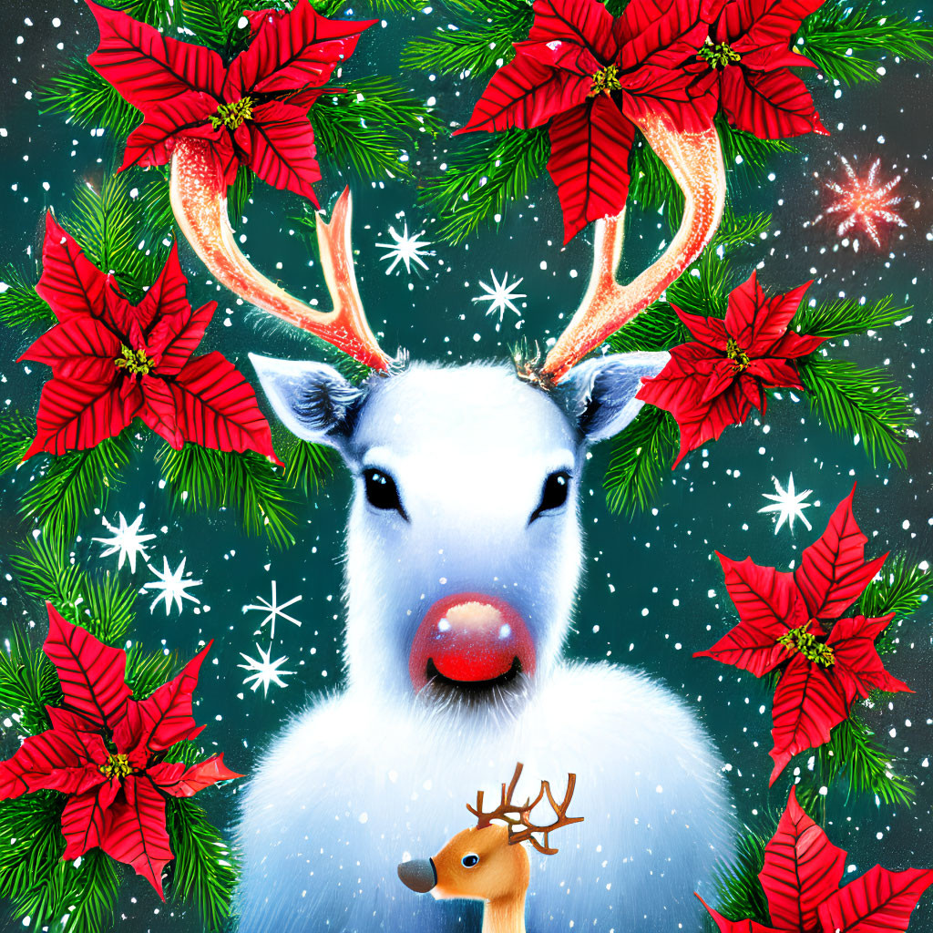 Festive reindeer with red nose among poinsettias and snowflakes on teal background