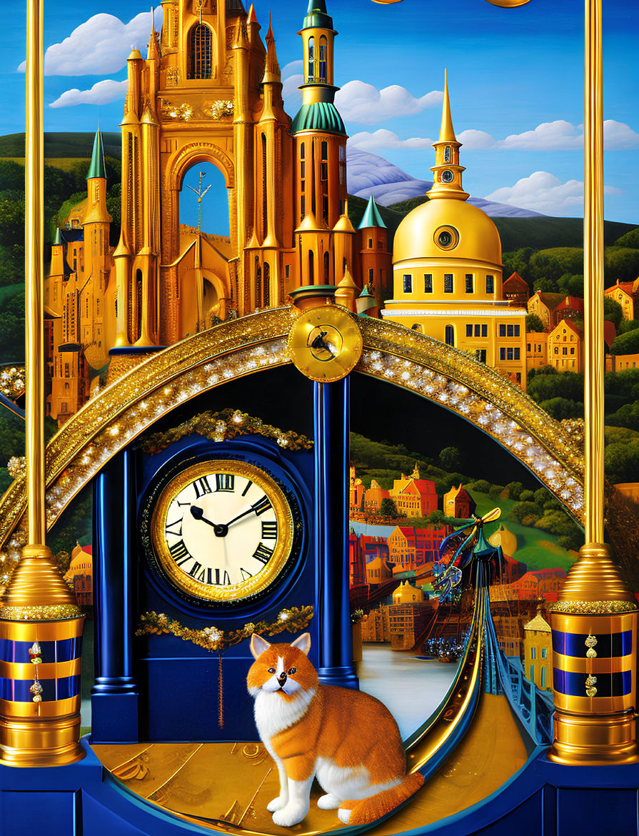 Colorful Fantasy Cityscape with Clock Architecture and Corgi Dog