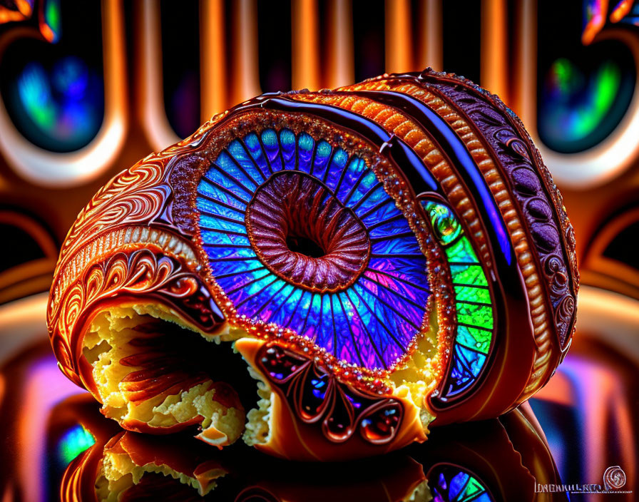 Vibrant nautilus shell with glowing blue interior on reflective surface against luminous backdrop