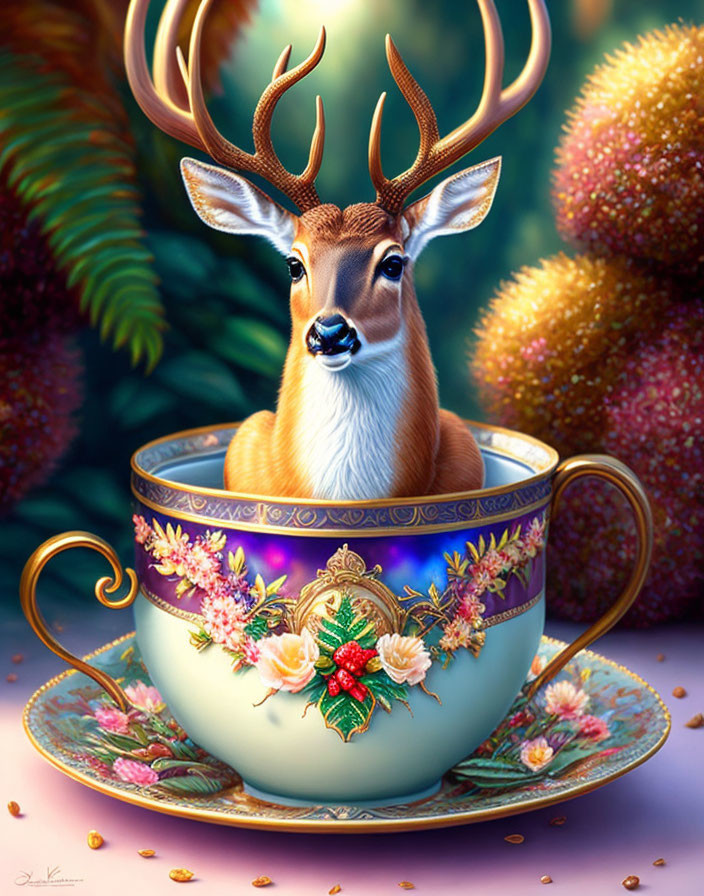 Illustration of majestic deer with antlers in oversized teacup among lush flora