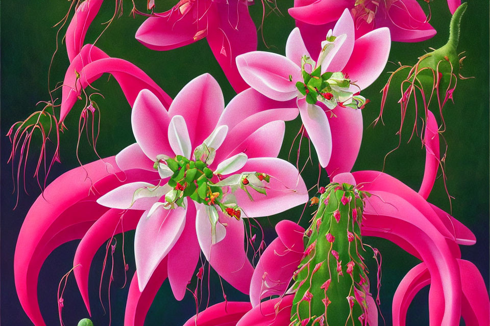 Pink and White Schlumbergera Flowers on Dark Background