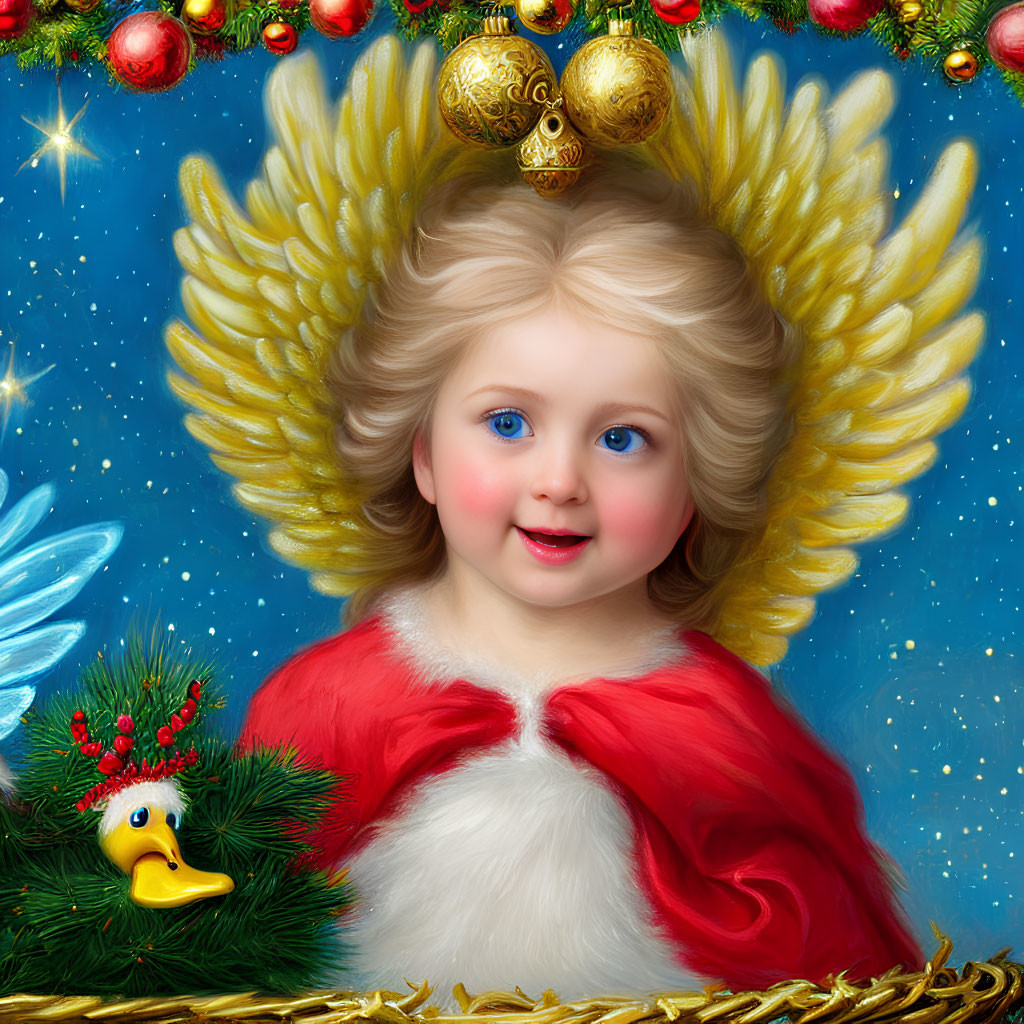 Cherubic angel with golden wings in red cloak among festive decorations