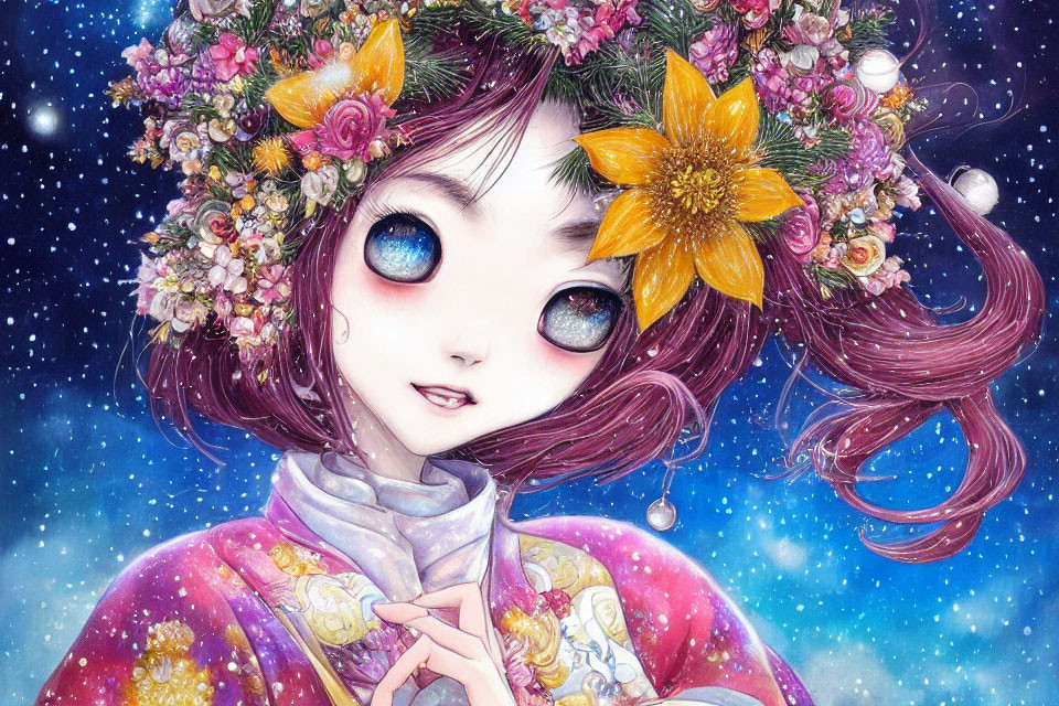 Anime-style girl with large blue eyes in kimono under starry sky