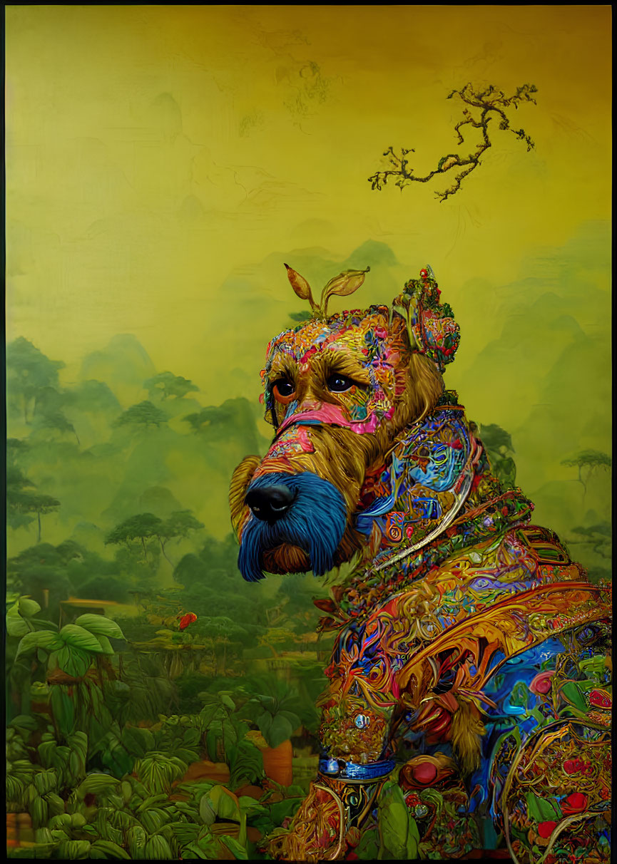 Colorful Ornate Dog Art Against Jungle Background