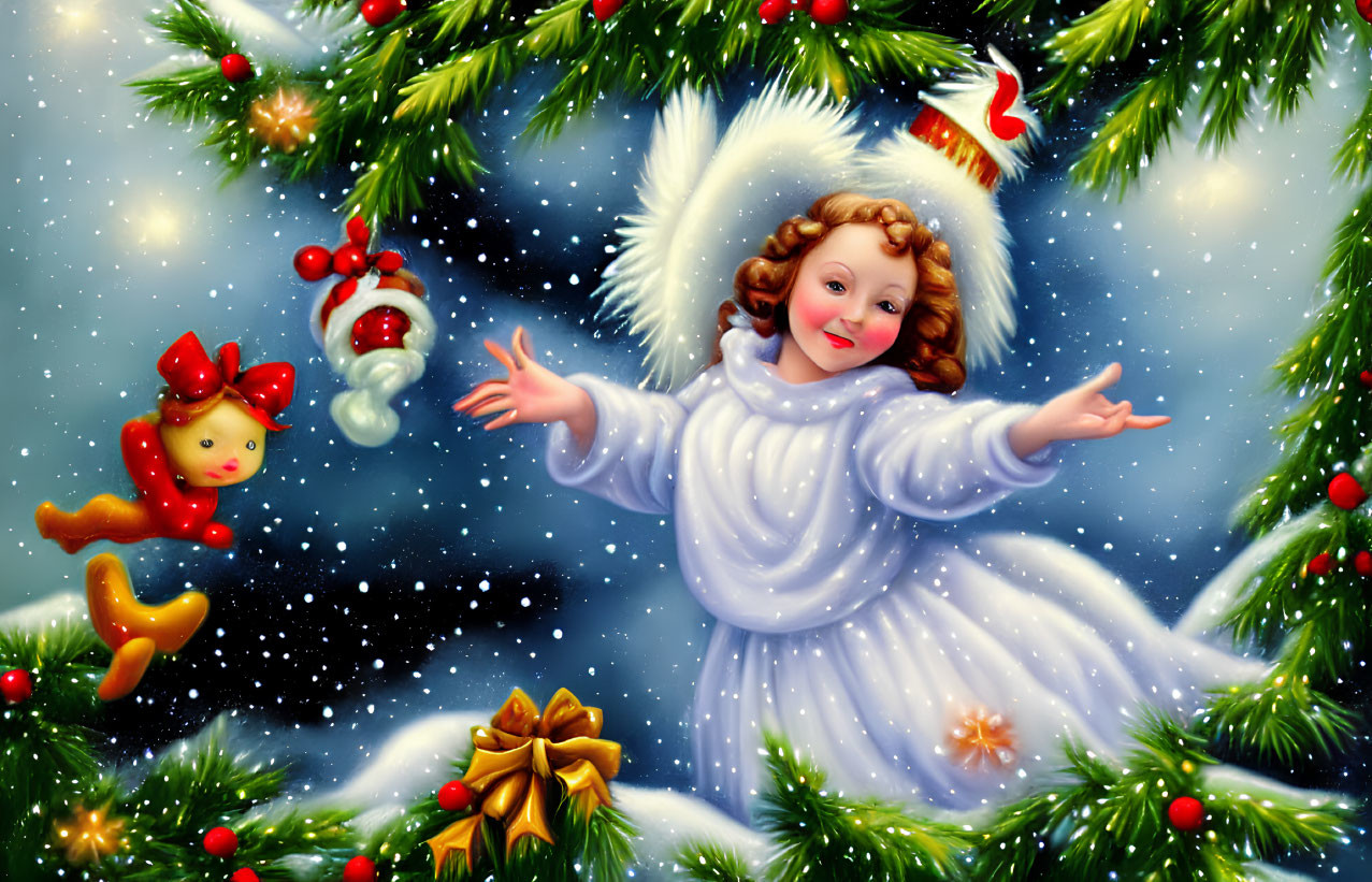 Winter angel illustration with pine branches, red berries, ornaments, and snowflakes.