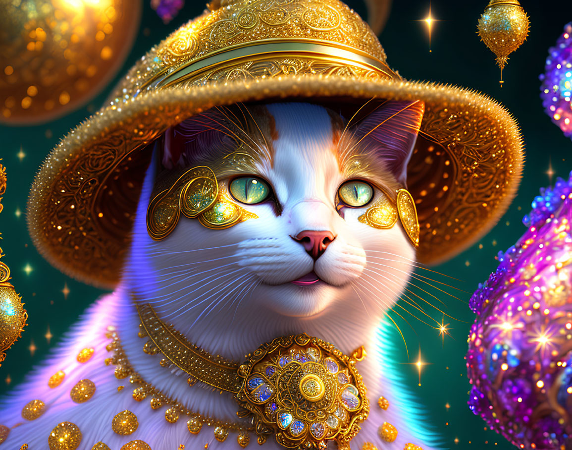 White Cat with Green Eyes in Ornate Jewelry and Hat on Mystical Background