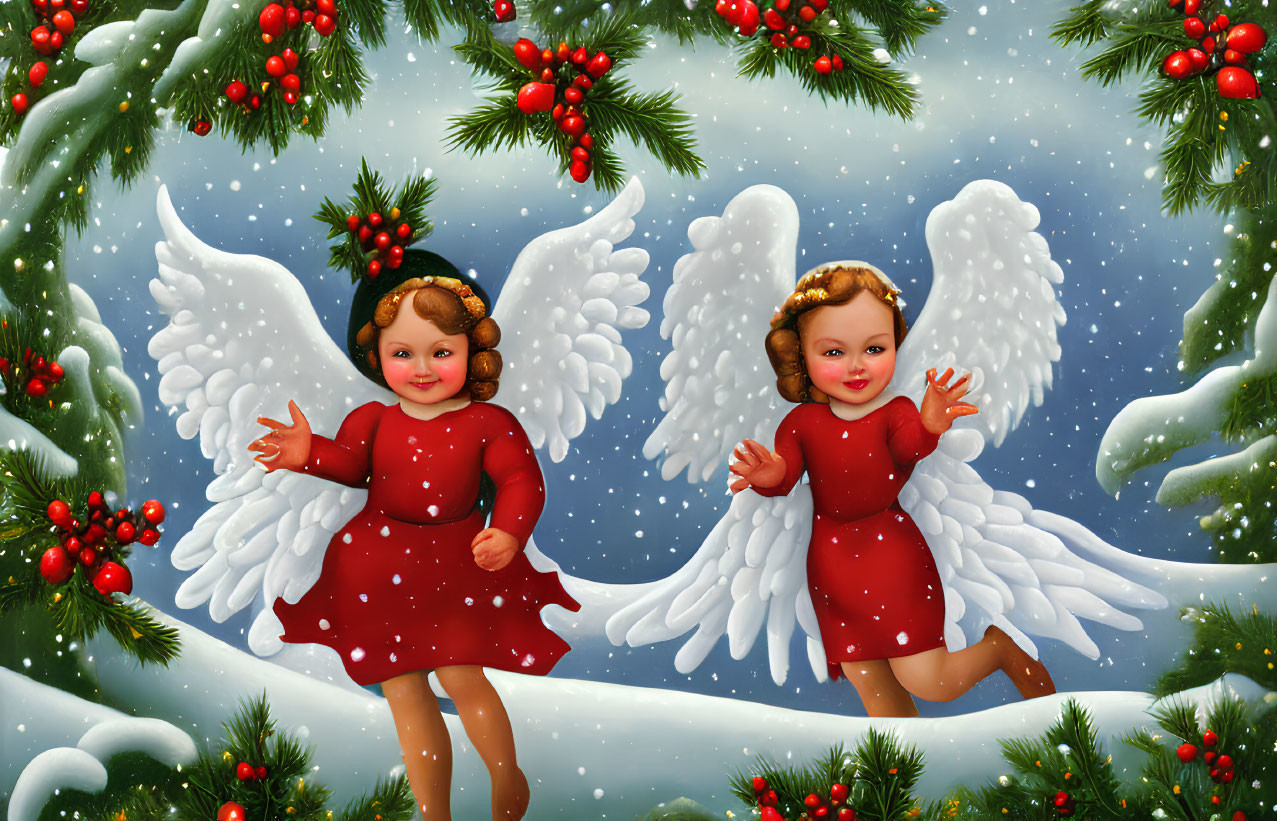 Cherubic figures in red dresses with wings amidst snowflakes and pine branches