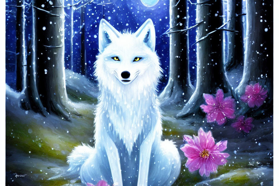 White Fox with Yellow Eyes in Snowy Forest with Pink Flowers and Falling Snowflakes