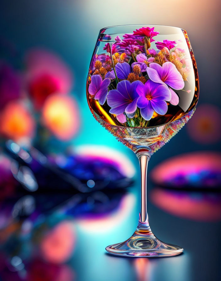 Vibrant flowers in wine glass with colorful bokeh reflections