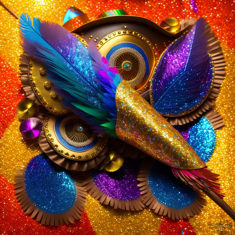 Vibrant digital artwork of bird with blue, purple, and golden feathers on glittery red backdrop