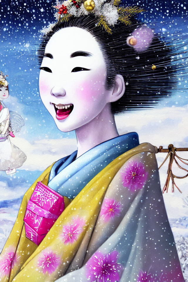 Smiling geisha in winter scene with kimono and hair ornaments