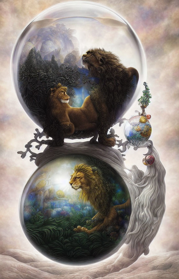 Illustration of two lions in celestial spheres with intricate foliage and ghostly mane