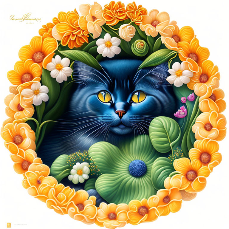 Colorful Blue Cat Artwork with Floral Wreath in Yellow, White, and Orange