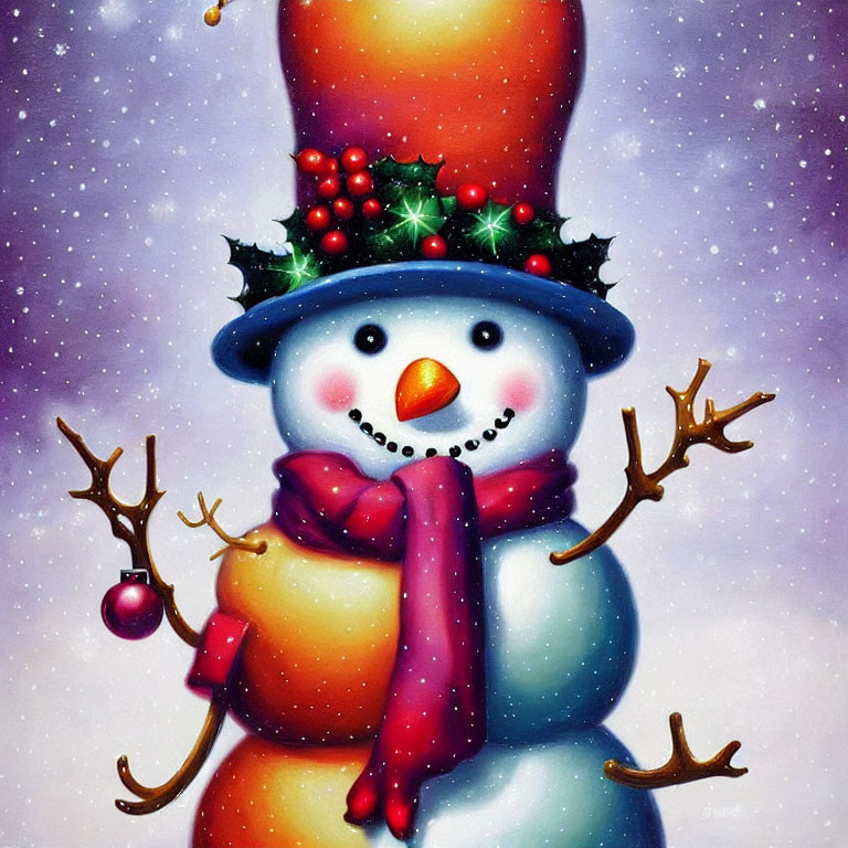 Smiling snowman with tall hat and scarf under starry night sky