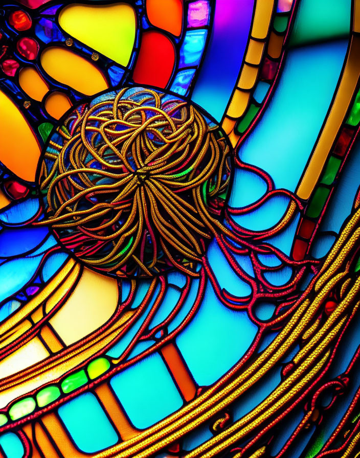 Colorful Stained Glass Artwork with Circular Motif and Intricate Patterns