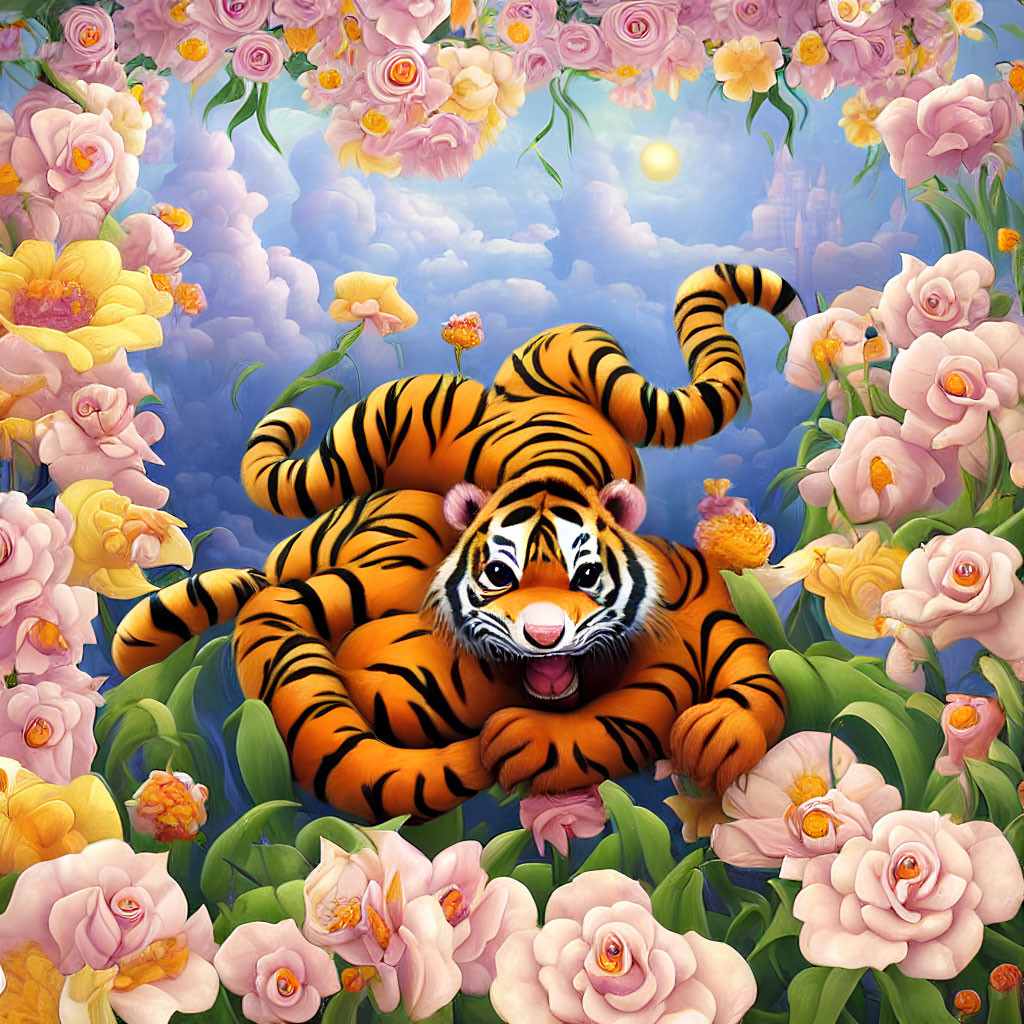 Colorful illustration of smiling tiger in floral setting with castle and gardens.