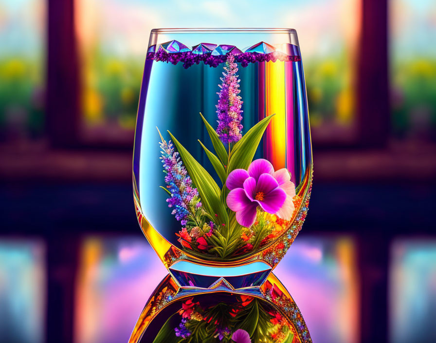 Colorful Glass Vase with Flowers Against Stained Glass Background