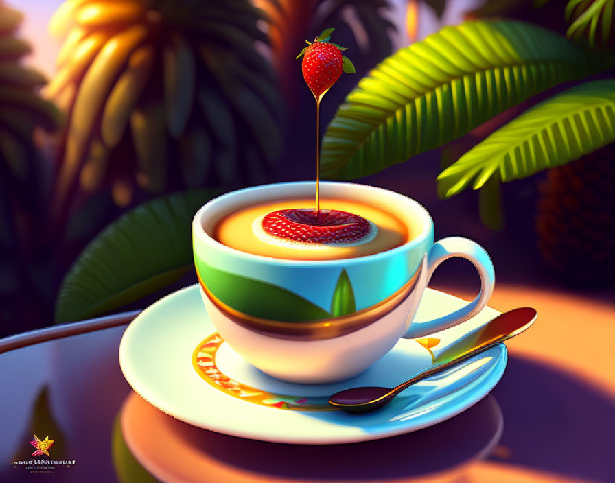 Vibrant coffee cup with strawberry slice and chocolate syrup under tropical leaves