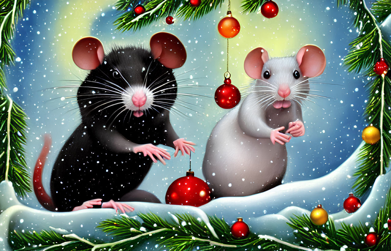 Illustrated black and white mice in snowy scene with red baubles and green pine needles