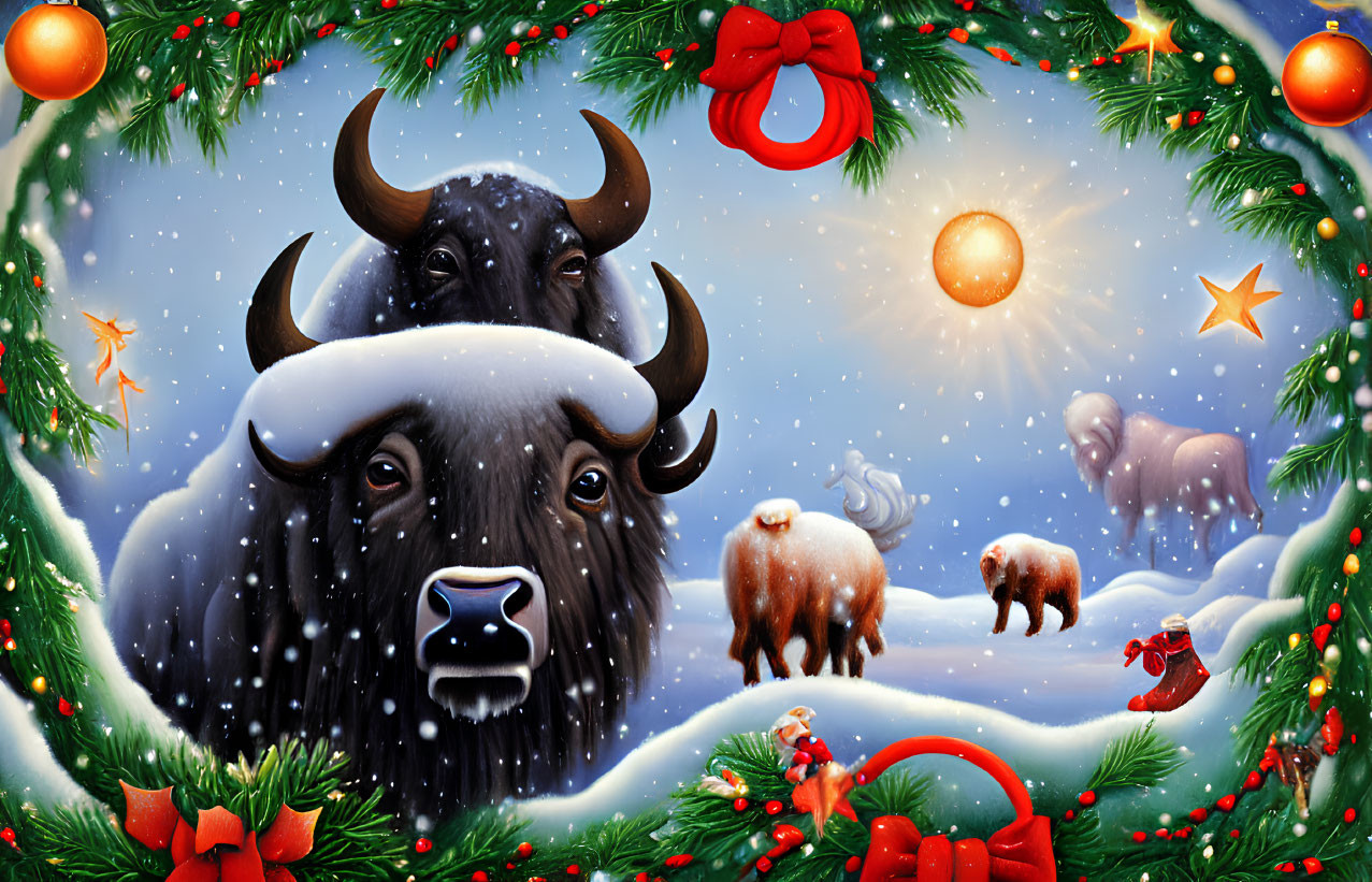 Festive Christmas illustration with bison, Santa, and winter scene