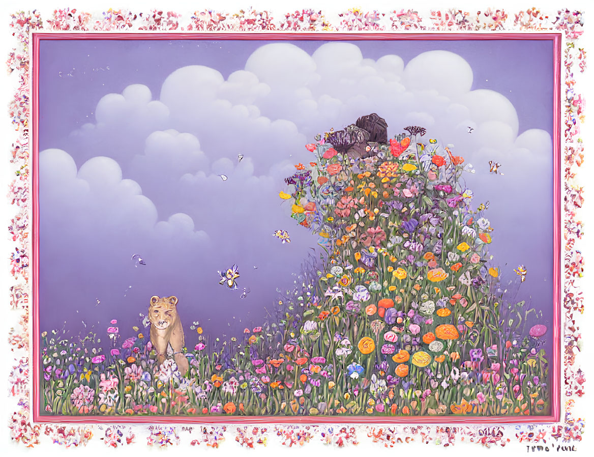 Vibrant flower field illustration with hidden lion, butterflies, and purple sky