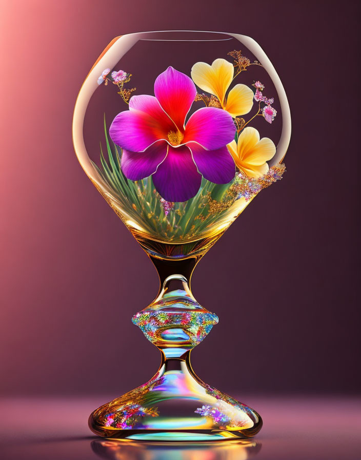 Digital artwork of transparent hourglass with flowers and greenery on purple background