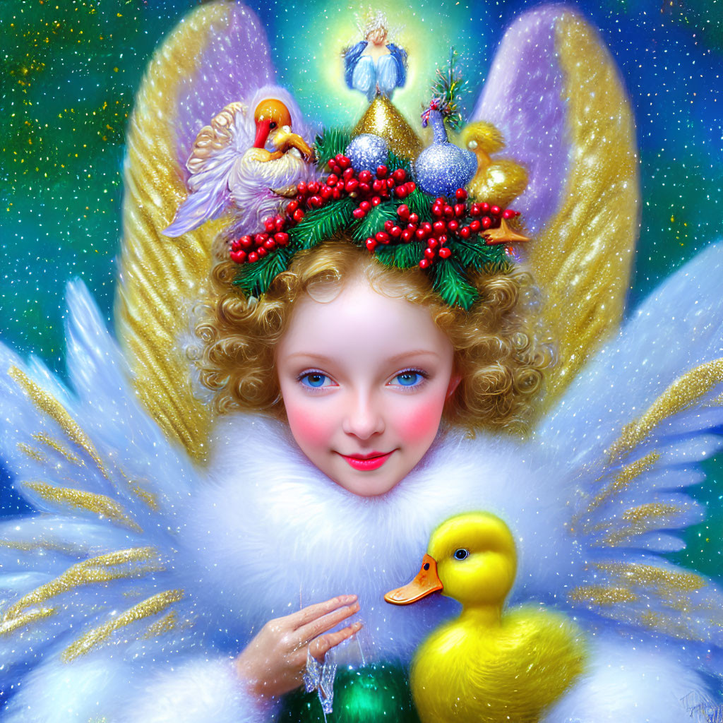 Child with angelic wings holding duck in celestial setting