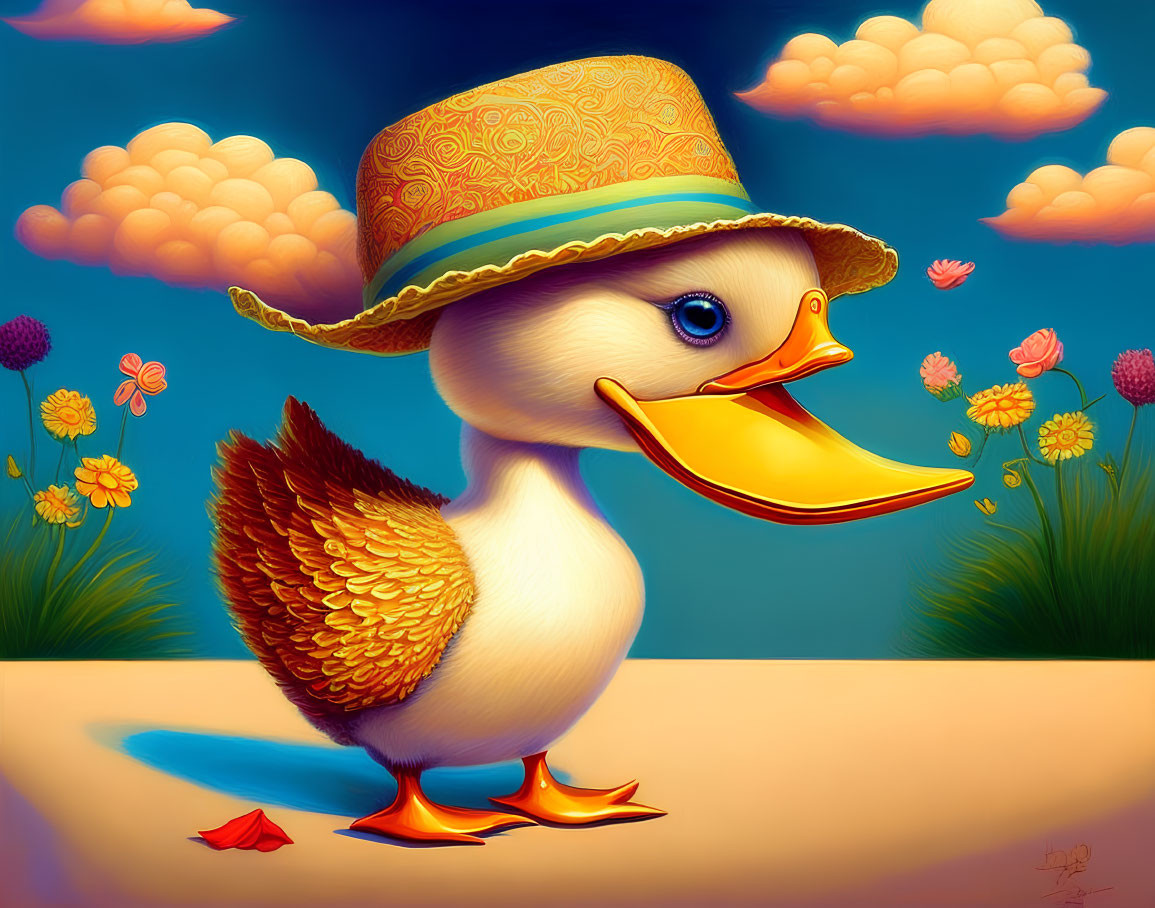 Colorful Cartoon Duck with Straw Hat and Orange Feet Among Flowers