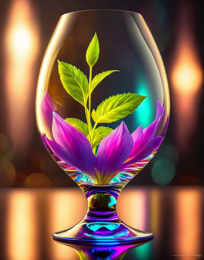 Colorful digital artwork of sprouting plant in glass against bokeh background