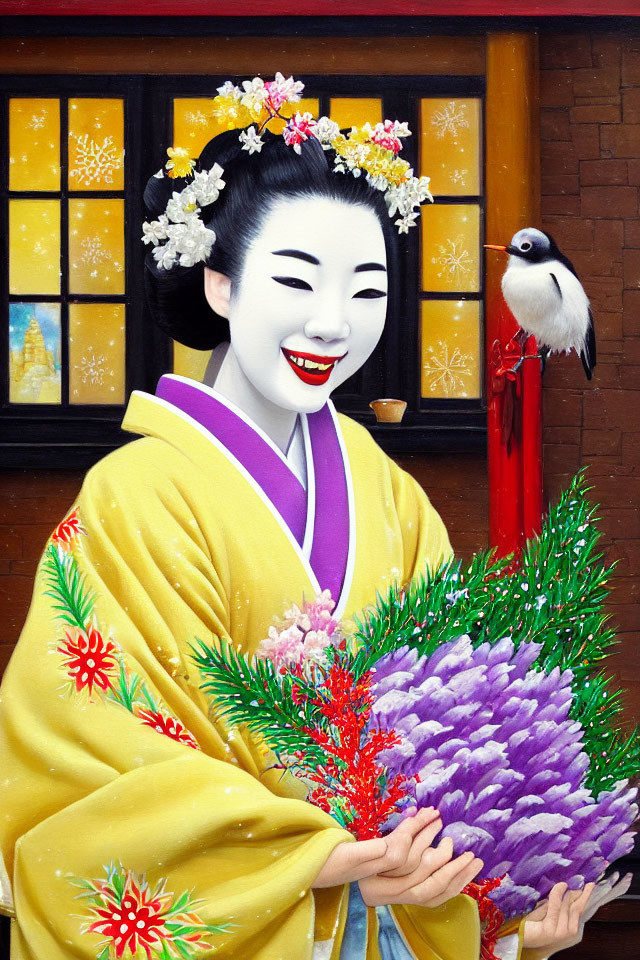 Traditional Japanese woman in kimono with floral hair ornaments holding bouquet, bird on shoulder, window background