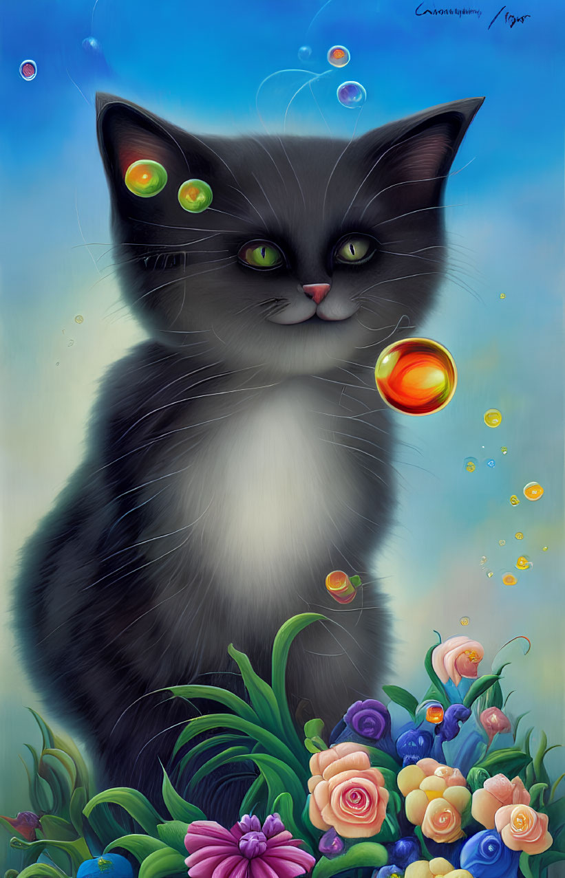 Colorful Cat Painting with Multicolored Eyes and Flowers