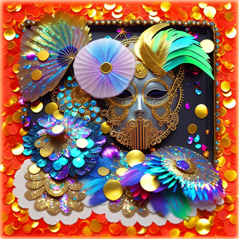 Colorful Carnival Mask with Gold Accents and Glittering Decorations