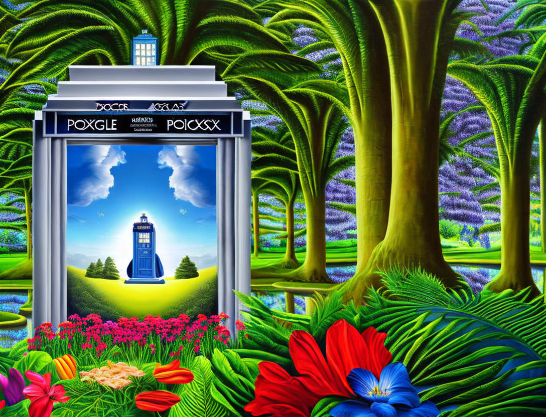 Colorful surreal landscape with whimsical trees and a blue police box in serene meadow