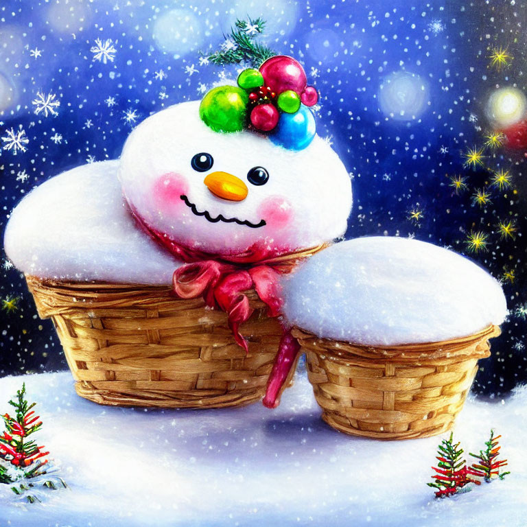 Colorful Hat Snowman in Wicker Basket with Snowflakes & Trees