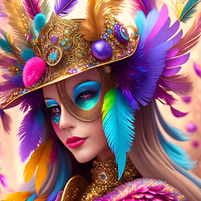 Colorful digital artwork of woman in ornate golden mask with feathers and tiara