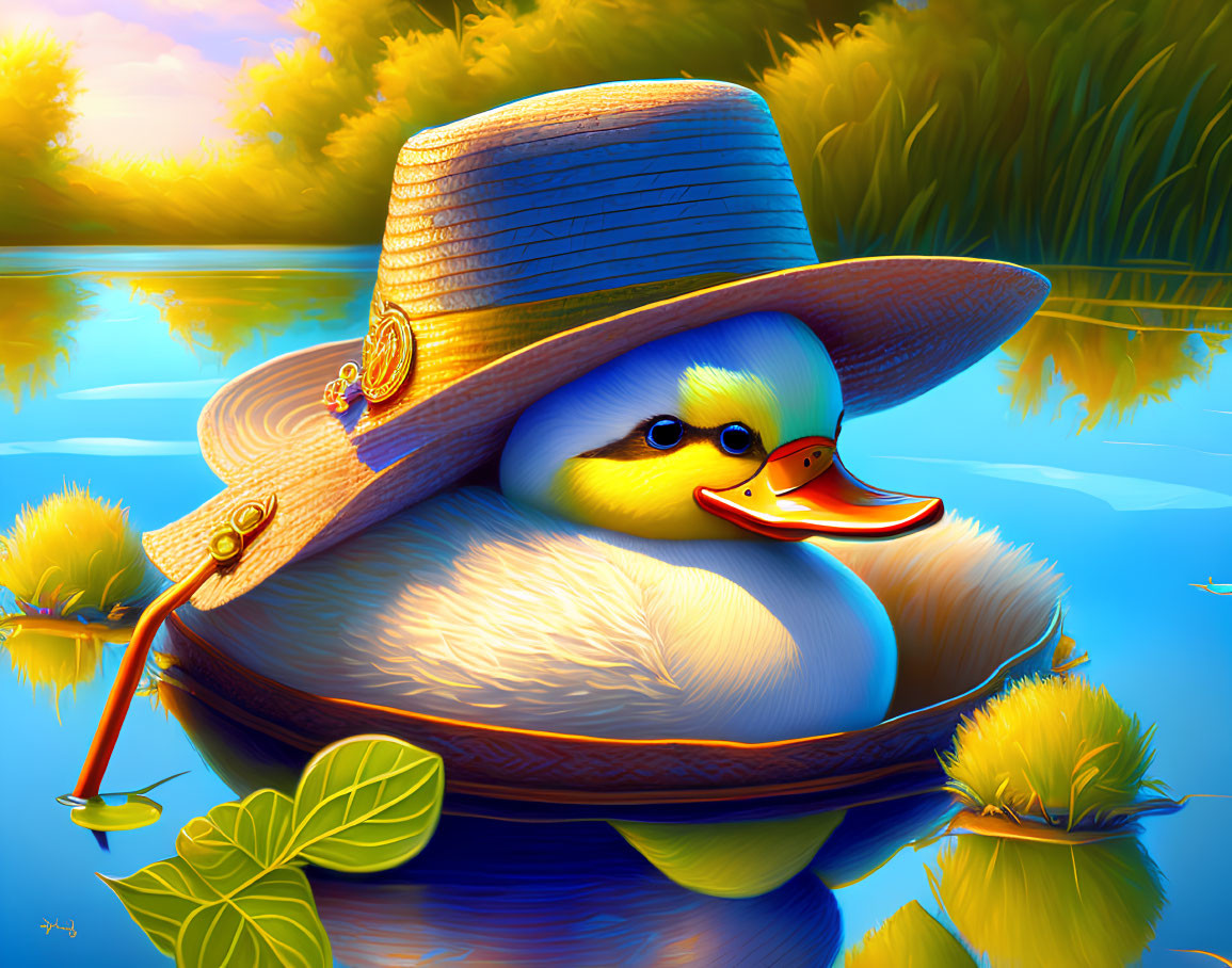 Vibrant duck illustration with straw hat and jewelry on water among green leaves