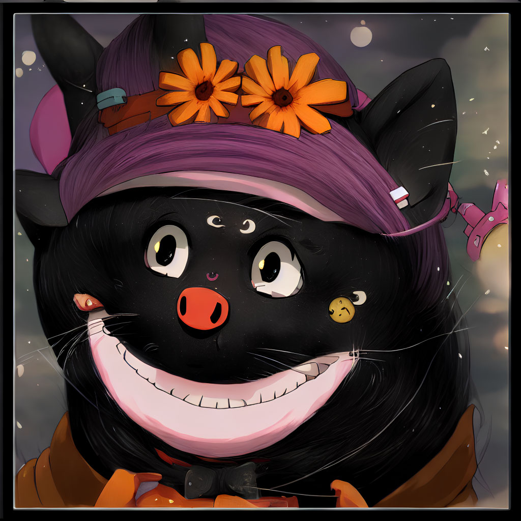 Cheerful black cat in purple witch hat under snowy sky